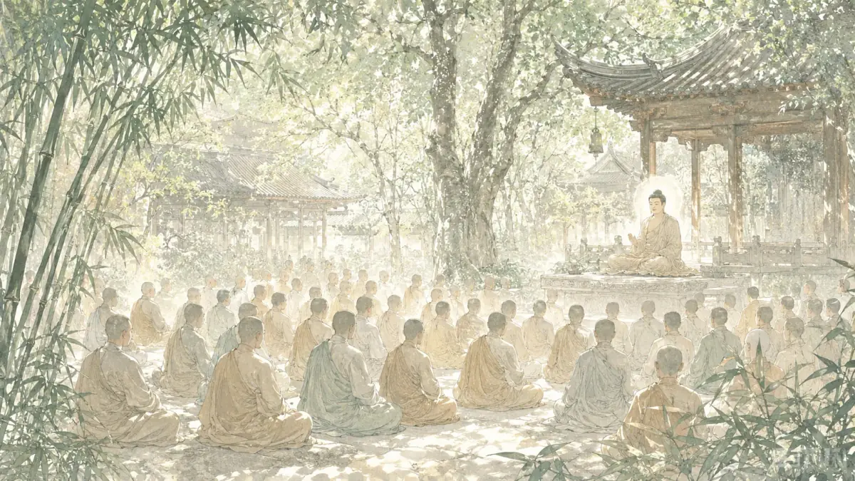 第 1 品第 1 张配图：如是我闻，一时，佛在舍卫国祗树给孤独园，与大比丘众千二百五十人俱。